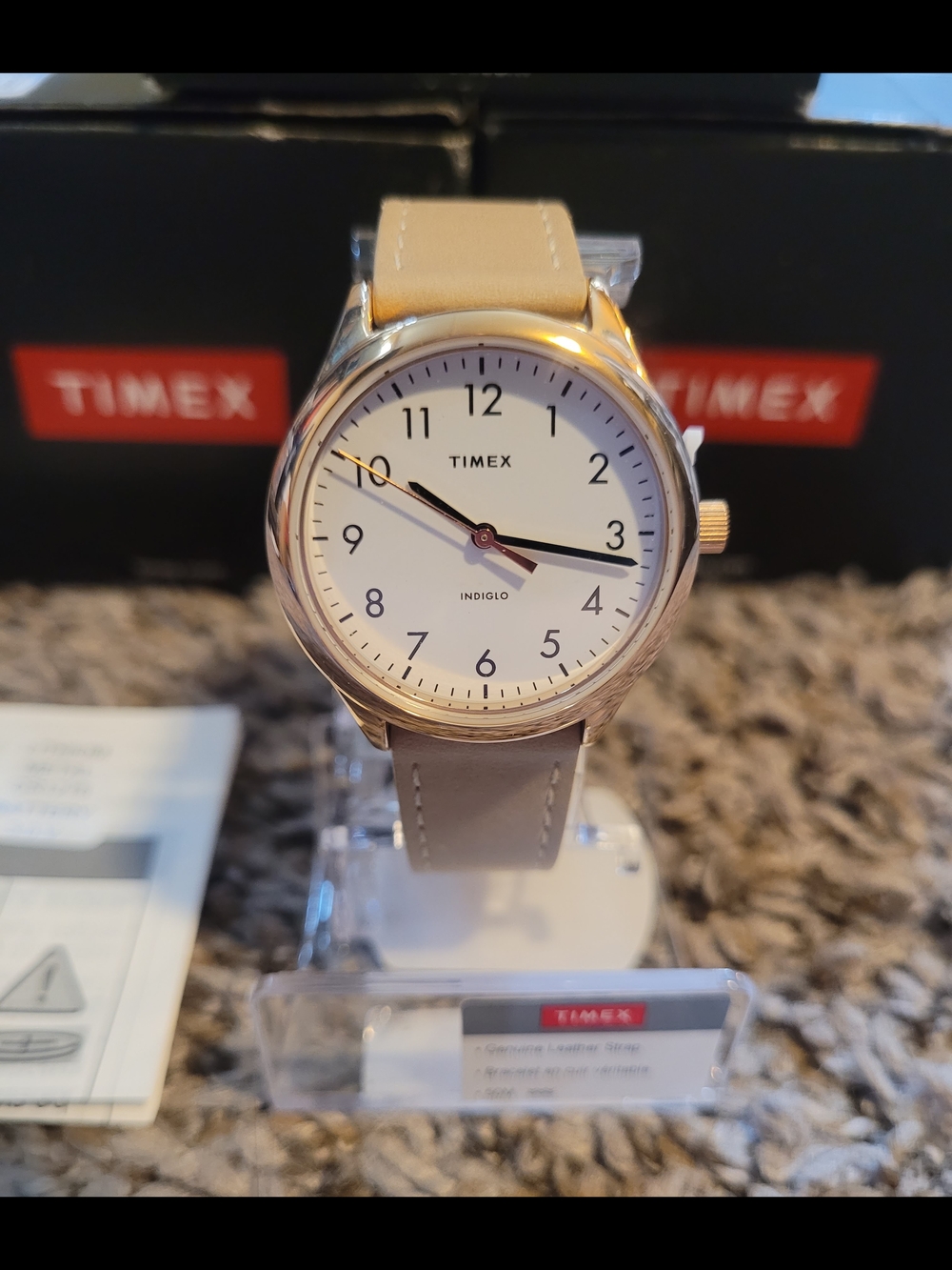 Timex Rose Gold Case Watch with Beige Strap
